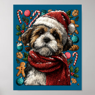 Festive Shih Tzu With Santa Hat Snowy Winter Chris Poster
