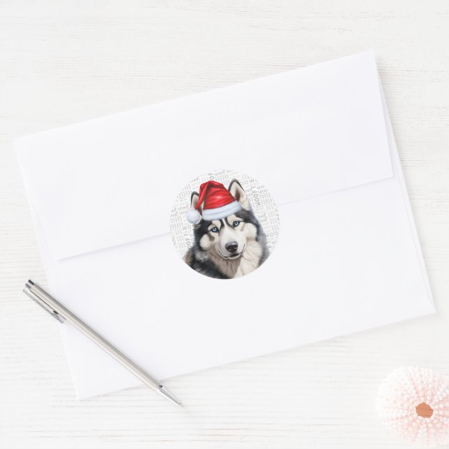 Festive Siberian Husky and Woof Word Art Christmas Classic Round Sticker (Envelope)