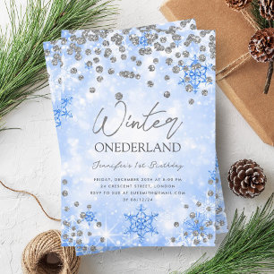 Festive Silver Blue Winter ONEDERLAND 1st Birthday Invitation