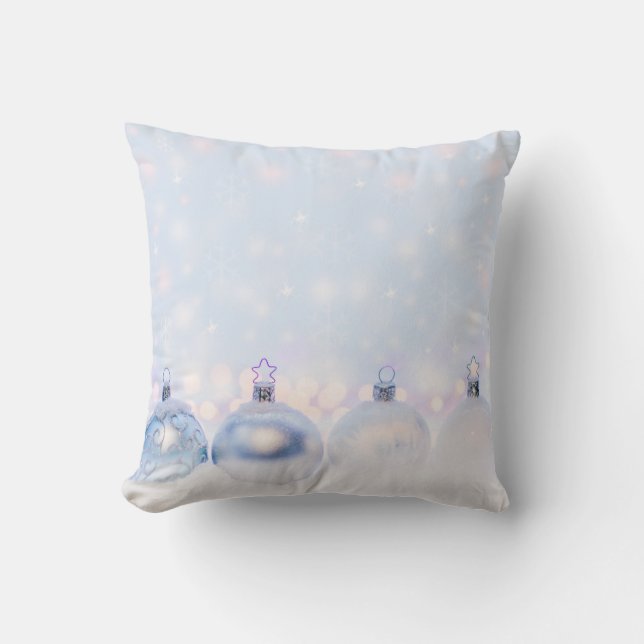 Festive Silver Christmas Balls on Snow Cushion (Front)