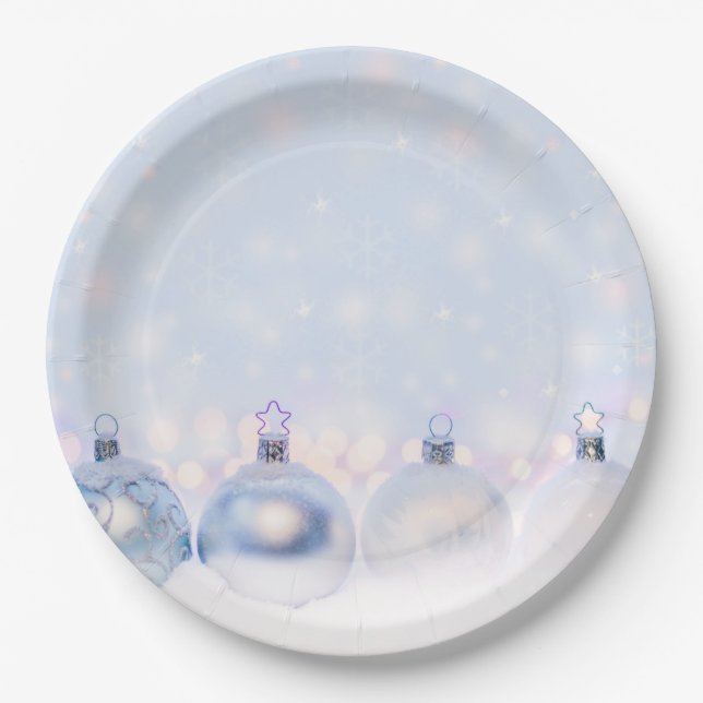 Festive Silver Christmas Balls on Snow Paper Plate (Front)