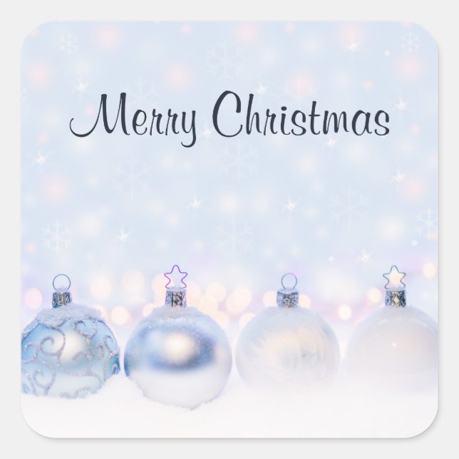 Festive Silver Christmas Balls on Snow Square Sticker (Front)