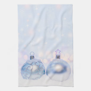 Festive Silver Christmas Balls on Snow Tea Towel