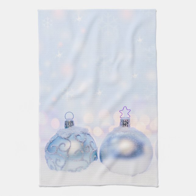 Festive Silver Christmas Balls on Snow Tea Towel (Vertical)