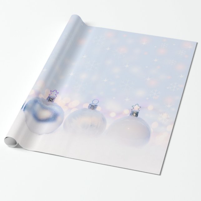 Festive Silver Christmas Balls on Snow Wrapping Paper (Unrolled)