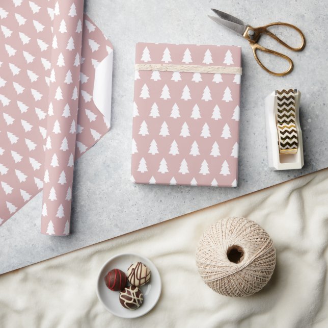 Festive Silver Pink White Christmas Tree pattern Wrapping Paper (Crafts)