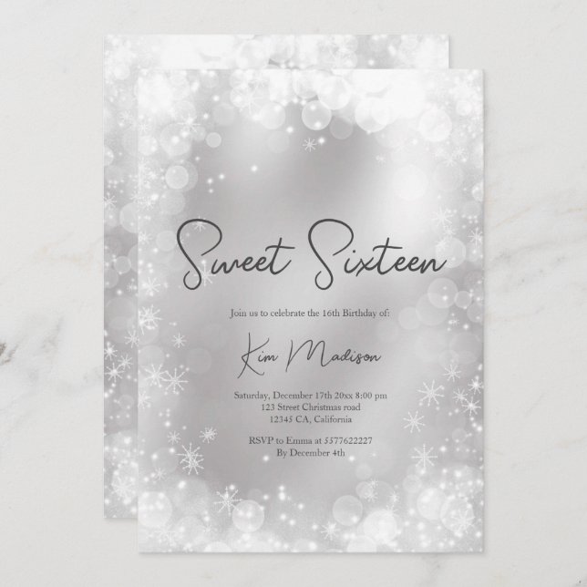 Festive silver white snow elegant chic sweet 16 invitation (Front/Back)