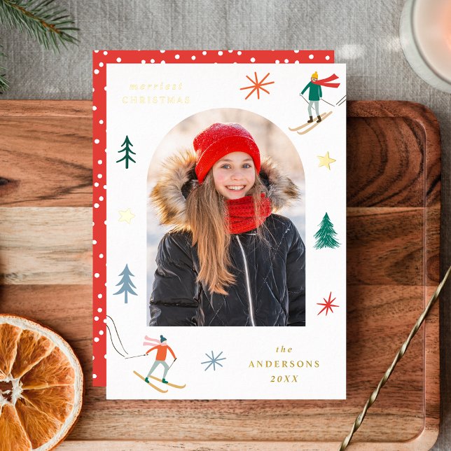 Festive Skiers Photo Foil Holiday Card (Creator Uploaded)