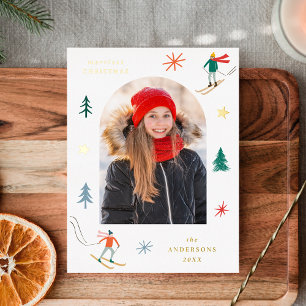 Festive Skiers Photo Gold Foil Holiday Postcard