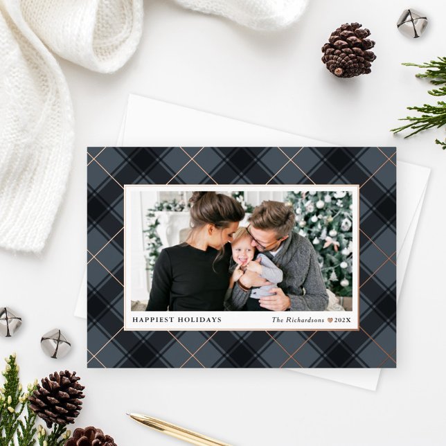 Festive Slate and Rose Gold Tartan Plaid Photo Foil Holiday Card (Creator Uploaded)