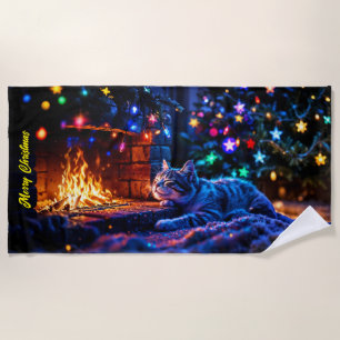 Festive sleeping cat colourful pet lover art beach towel