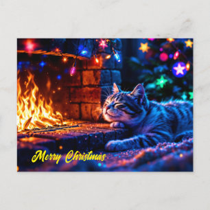 Festive sleeping cat colourful pet lover art postcard