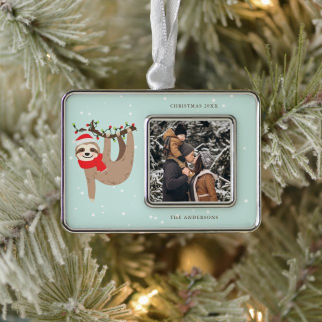 Festive Sloth Add Your Own Photo Silver Plated Framed Ornament (Tree)