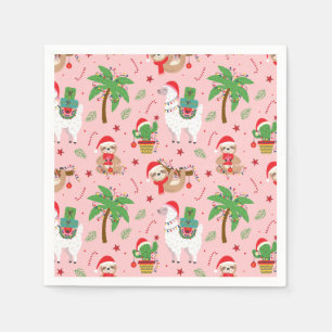 Festive Sloths and Llamas Holiday Pattern Napkin