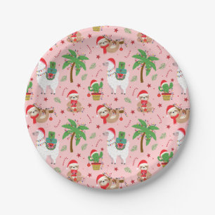 Festive Sloths and Llamas Holiday Pattern Paper Plate