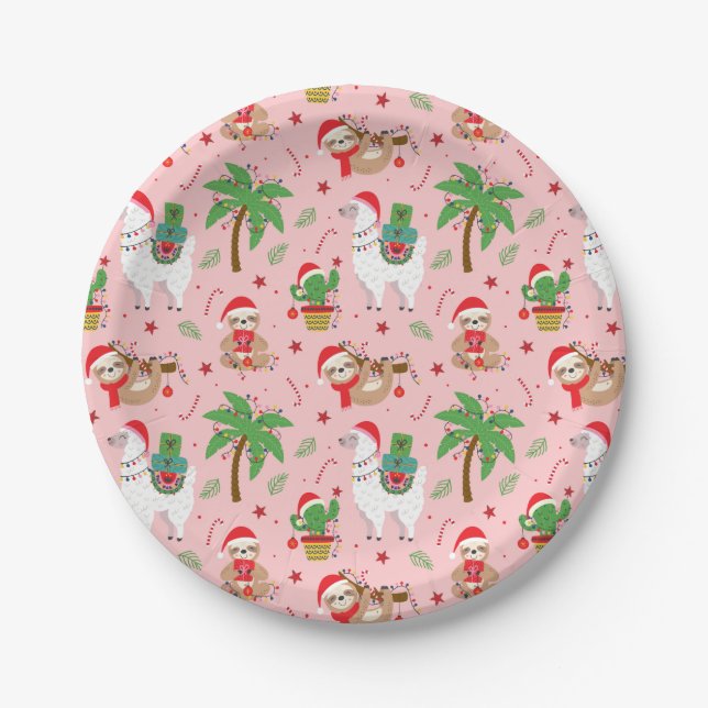 Festive Sloths and Llamas Holiday Pattern Paper Plate (Front)