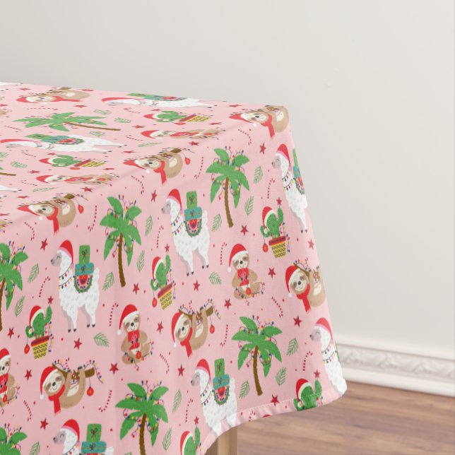 Festive Sloths and Llamas Holiday Pattern Tablecloth (In Situ)