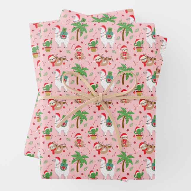Festive Sloths and Llamas Holiday Pattern Wrapping Paper Sheet (In situ)