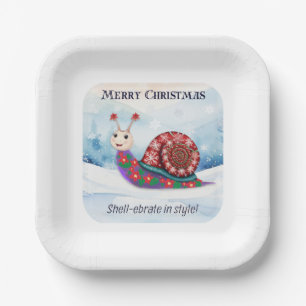 Festive Snail Snow Pun Humour Funny Cute Christmas Paper Plate