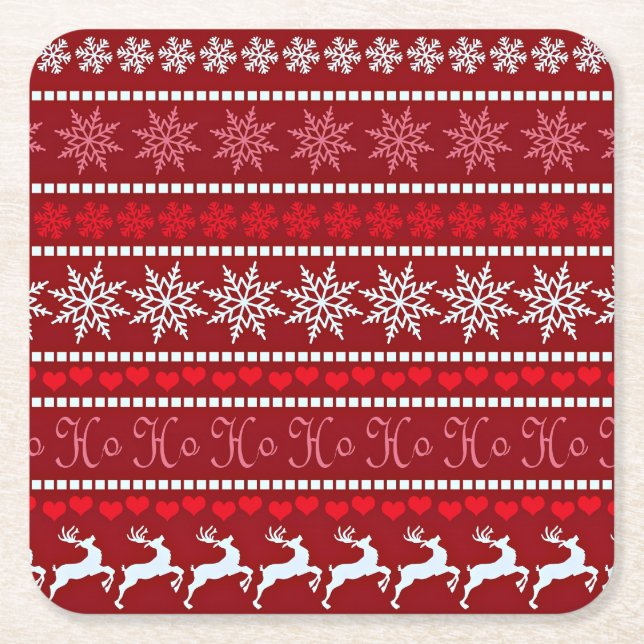 Festive Snowflake and Reindeer Design Square Paper Coaster (Front)