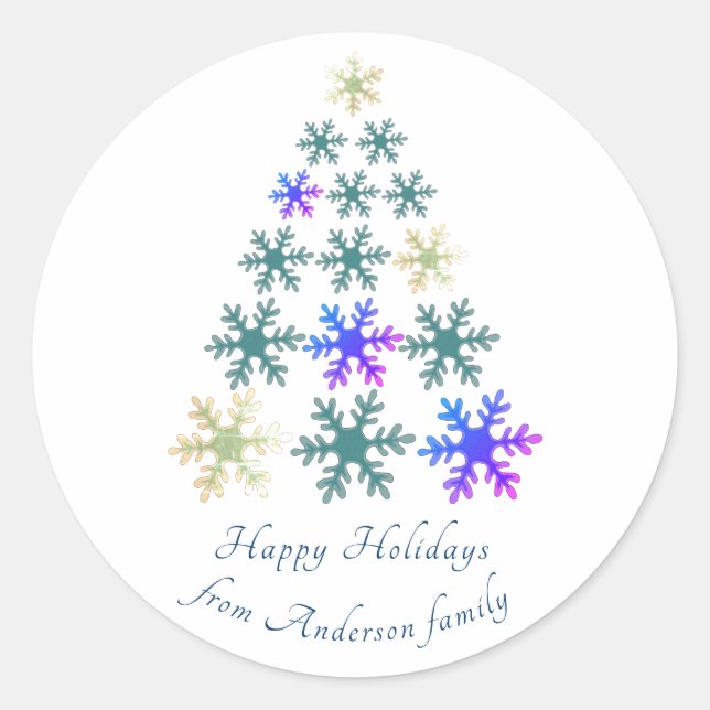 Festive Snowflake Christmas Tree Family Holiday Classic Round Sticker (Front)
