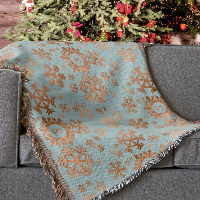 Festive Snowflake Monogrammed Blue Copper Brown Throw Blanket (A lovely copper snowflake pattern on an robin egg blue background. Just add your initial)