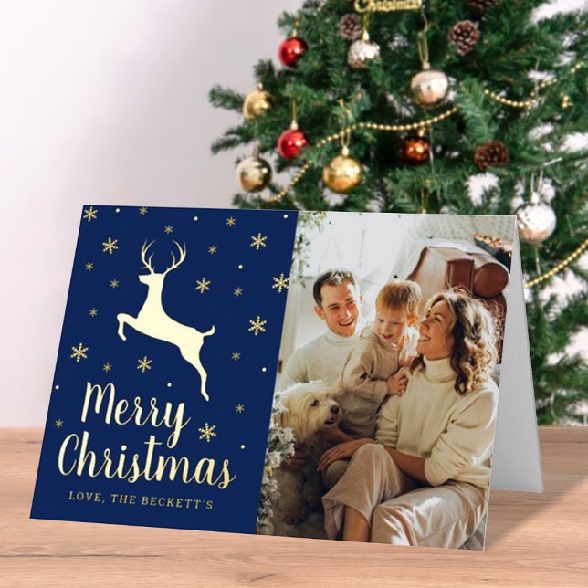 Festive Snowflake & Reindeer Christmas Photo Real Foil Holiday Card (Creator Uploaded)