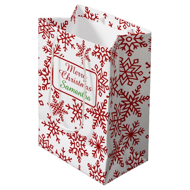 Festive Snowflake White Red Christmas Medium Gift Bag (Front Angled)