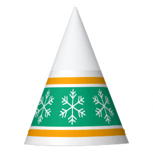 Festive Snowflakes Green Yellow Stripes On White Party Hat