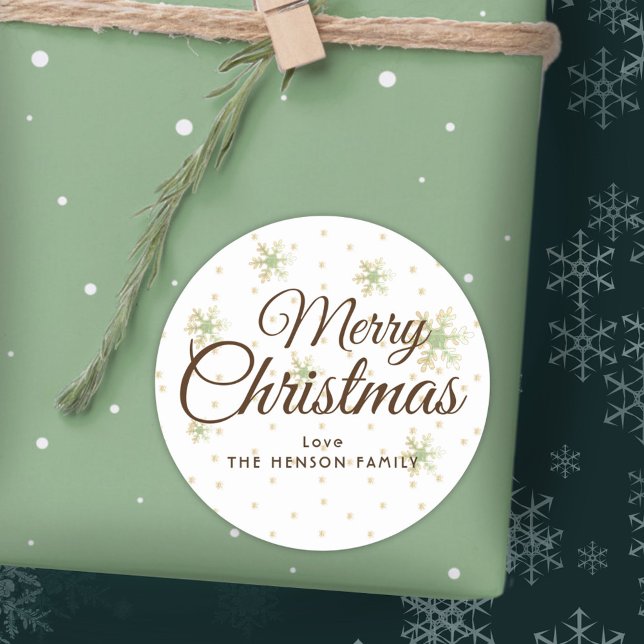 Festive Snowflakes Merry Christmas Script Classic Round Sticker (Creator Uploaded)