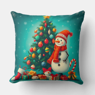 Festive Snowman and Christmas Tree with Gifts Cushion