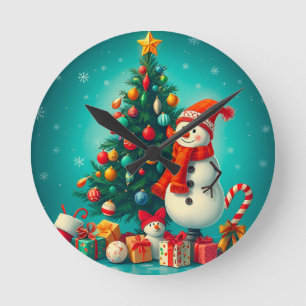Festive Snowman and Christmas Tree with Gifts Round Clock