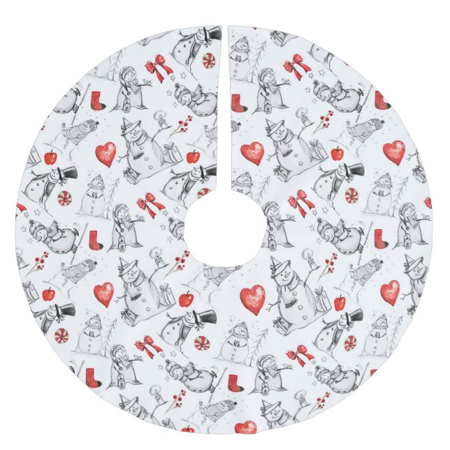 Festive snowman and holiday icons pattern brushed polyester tree skirt (Front)