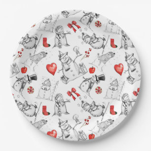 Festive snowman and holiday icons pattern paper plate