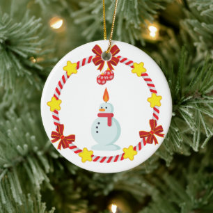 Festive Snowman Candle Ceramic Ornament
