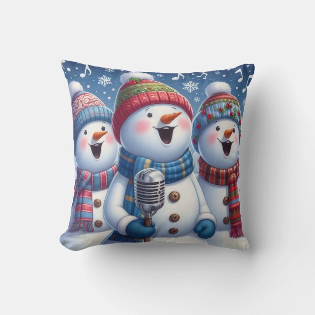 Festive Snowman Carolers Singing Christmas Cushion (Front)