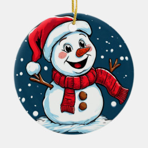 Festive Snowman Cartoon with Santa Hat Ceramic Ornament