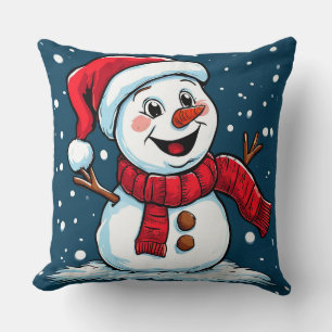 Festive Snowman Cartoon with Santa Hat Cushion
