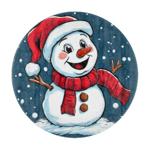 Festive Snowman Cartoon with Santa Hat Cutting Board