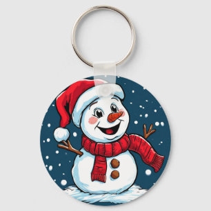 Festive Snowman Cartoon with Santa Hat Key Ring