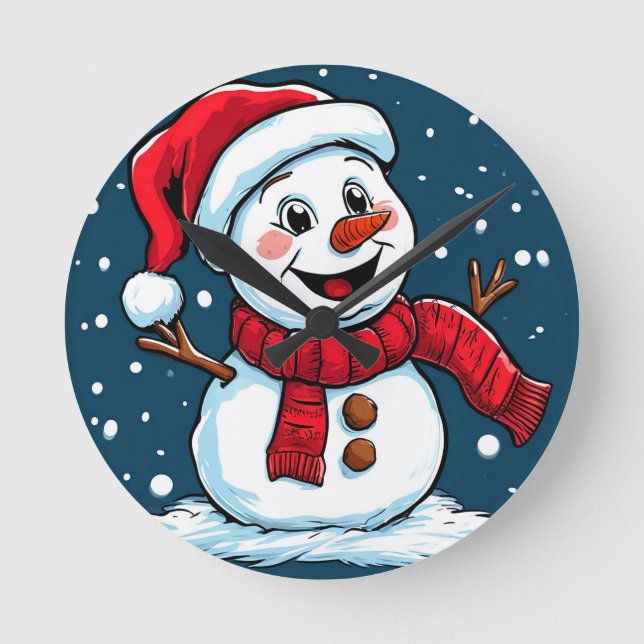 Festive Snowman Cartoon with Santa Hat Round Clock (Front)
