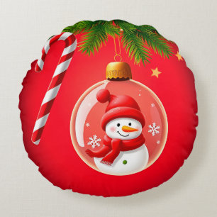 Festive Snowman Christmas Ornament Candy Cane Round Cushion