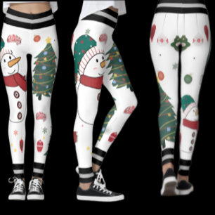 Festive Snowman & Christmas Tree Pattern Holiday Leggings