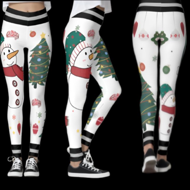 Festive Snowman & Christmas Tree Pattern Holiday  Leggings (Creator Uploaded)