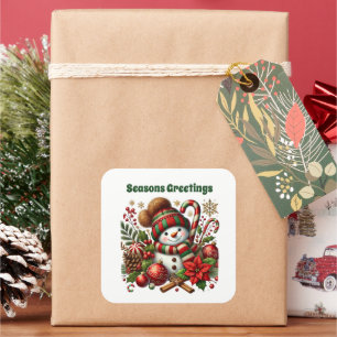 Festive snowman customisable Seasons Greetings Square Sticker