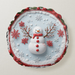 Festive Snowman Design with Christmas Decorations Round Cushion