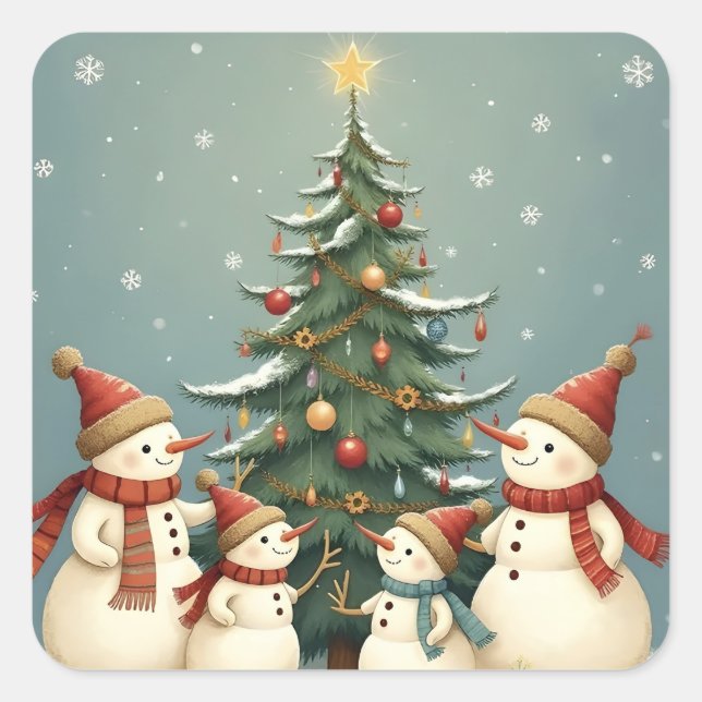 Festive Snowman Family Christmas Collection Square Sticker (Front)