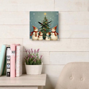 Festive Snowman Family Christmas Collection Square Wall Clock