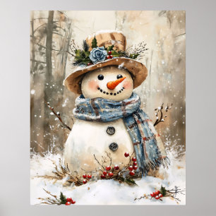 Festive Snowman in Forest Poster