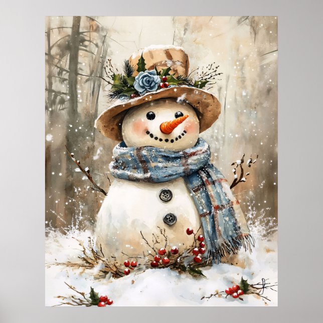 Festive Snowman in Forest Poster (Front)